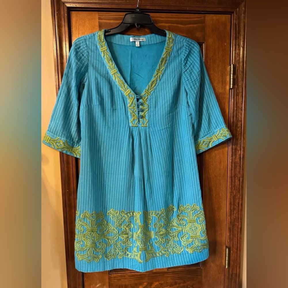Elegant Blue and Gold Embroidered Dress